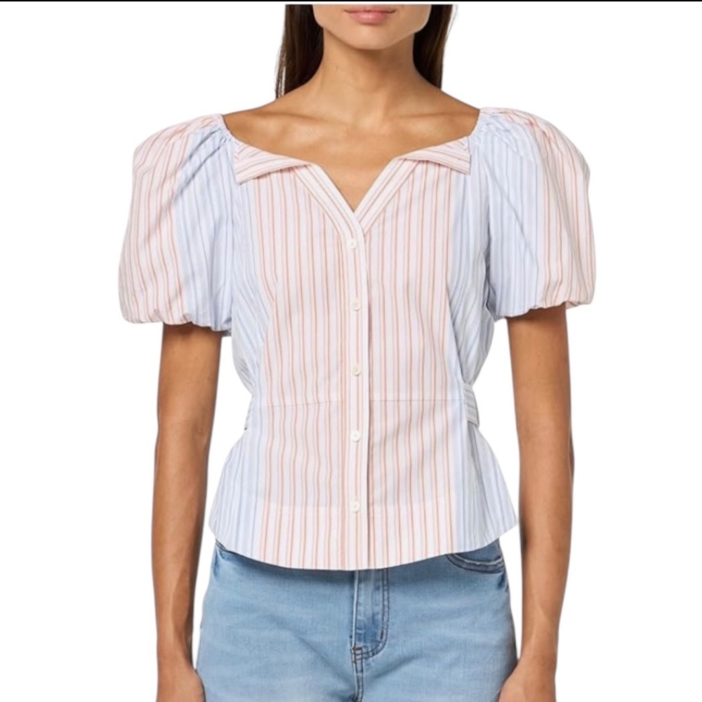 Derek Lam 10 Crosby Top Davina Belted Striped Puff Sleeve Cotton Top Size 8
